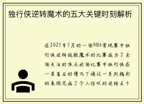 独行侠逆转魔术的五大关键时刻解析
